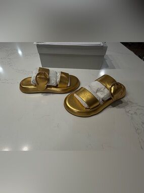 Robert Clergerie Loud Metallic Gold Double-Strap Slide Sandals 7.5/38